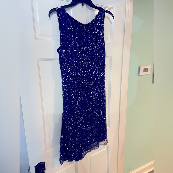 Navy sequin cocktail dress with ruching in front at left hip - Picture 3 of 4